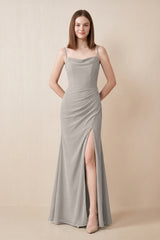 Cami Strap Chiffon Sheath Bridesmaid Dress with Slit in Silver | KISSBRIDAL