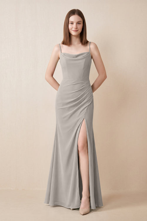 Cami Strap Chiffon Sheath Bridesmaid Dress with Slit in Silver | KISSBRIDAL