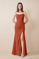 Cami Strap Chiffon Sheath Bridesmaid Dress with Slit in Spice | KISSBRIDAL