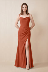 Cami Strap Chiffon Sheath Bridesmaid Dress with Slit in Spice | KISSBRIDAL