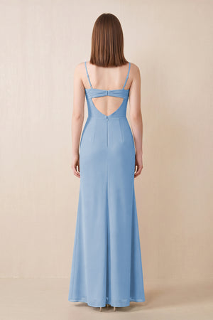 Cami Strap Chiffon Sheath Bridesmaid Dress with Slit in Steel Blue (2) | KISSBRIDAL