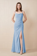 Cami Strap Chiffon Sheath Bridesmaid Dress with Slit in Steel Blue | KISSBRIDAL
