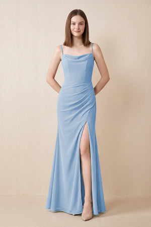 Cami Strap Chiffon Sheath Bridesmaid Dress with Slit in Steel Blue | KISSBRIDAL