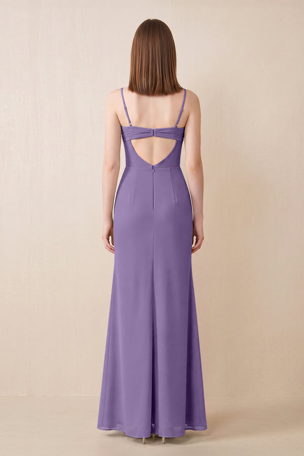 Cami Strap Chiffon Sheath Bridesmaid Dress with Slit in Tahiti (2) | KISSBRIDAL
