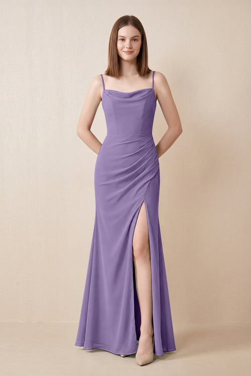 Cami Strap Chiffon Sheath Bridesmaid Dress with Slit in Tahiti | KISSBRIDAL