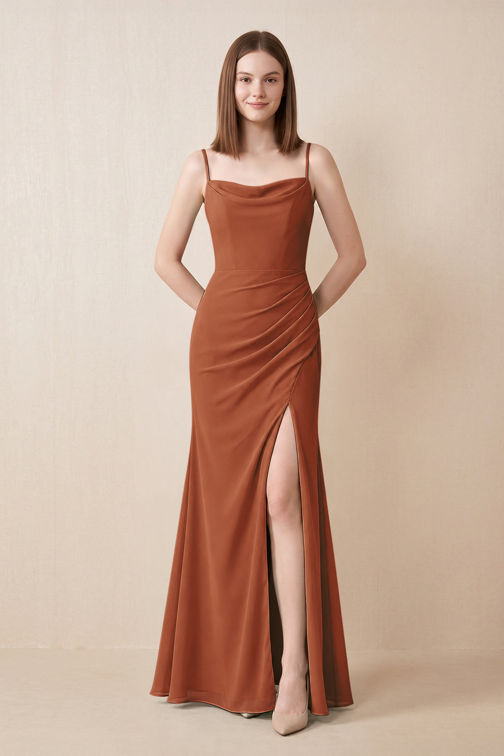 Cami Strap Chiffon Sheath Bridesmaid Dress with Slit in Terracotta