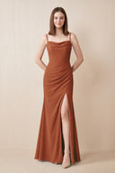 Cami Strap Chiffon Sheath Bridesmaid Dress with Slit in Terracotta | KISSBRIDAL