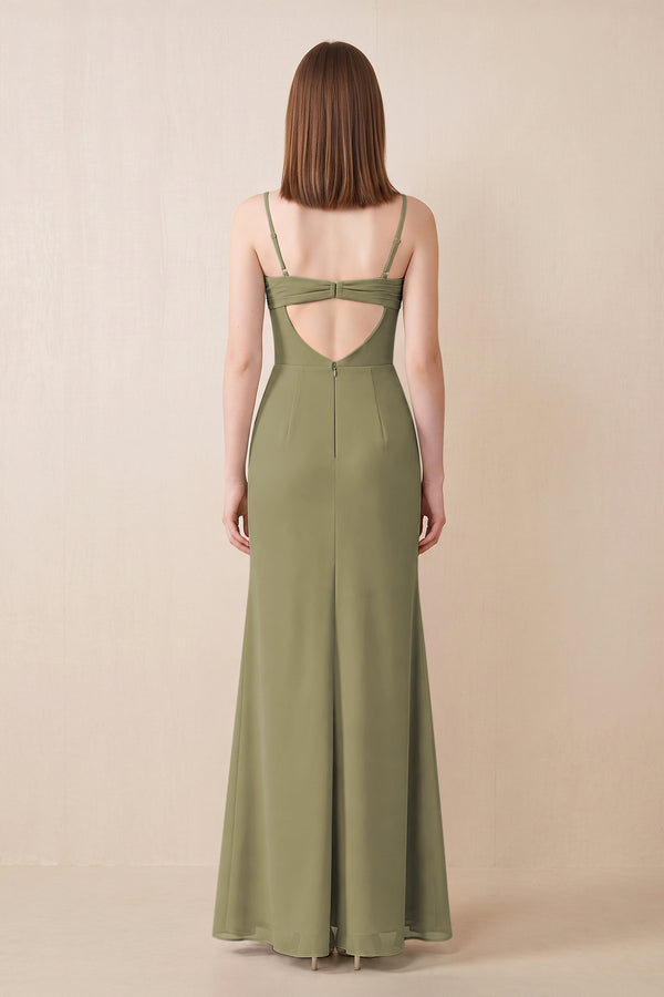 Cami Strap Chiffon Sheath Bridesmaid Dress with Slit in Thyme (2) | KISSBRIDAL