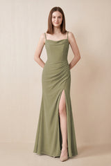 Cami Strap Chiffon Sheath Bridesmaid Dress with Slit in Thyme | KISSBRIDAL