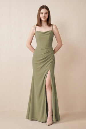 Cami Strap Chiffon Sheath Bridesmaid Dress with Slit in Thyme | KISSBRIDAL