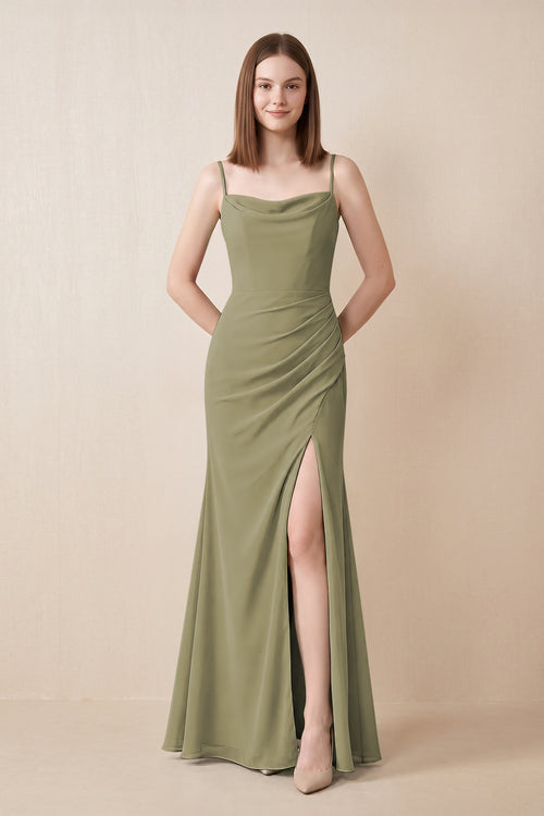 Cami Strap Chiffon Sheath Bridesmaid Dress with Slit in Thyme | KISSBRIDAL