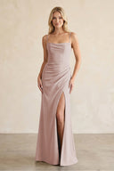 Cami Strap Chiffon Sheath Bridesmaid Dress with Slit in Toffee | KISSBRIDAL