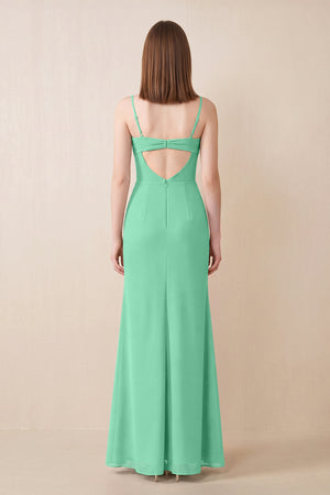 Cami Strap Chiffon Sheath Bridesmaid Dress with Slit in Turquoise (2) | KISSBRIDAL