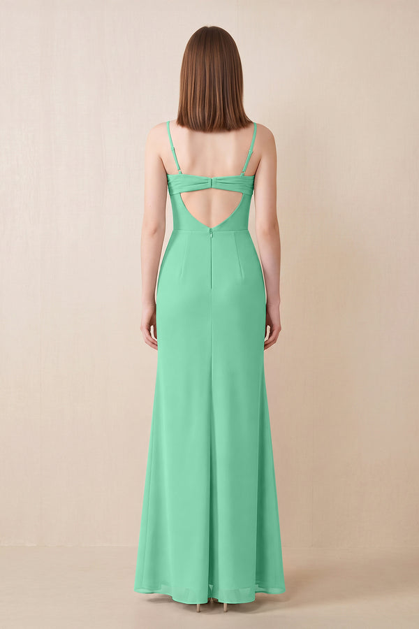 Cami Strap Chiffon Sheath Bridesmaid Dress with Slit in Turquoise (2) | KISSBRIDAL