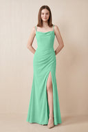 Cami Strap Chiffon Sheath Bridesmaid Dress with Slit in Turquoise | KISSBRIDAL