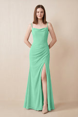 Cami Strap Chiffon Sheath Bridesmaid Dress with Slit in Turquoise | KISSBRIDAL