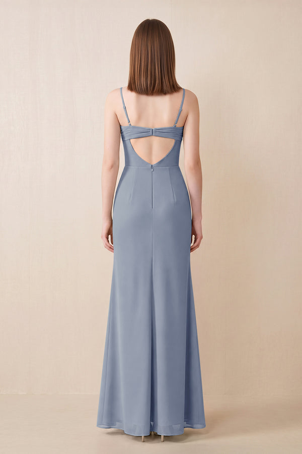 Cami Strap Chiffon Sheath Bridesmaid Dress with Slit in Twilight (2) | KISSBRIDAL