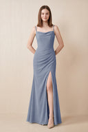 Cami Strap Chiffon Sheath Bridesmaid Dress with Slit in Twilight | KISSBRIDAL