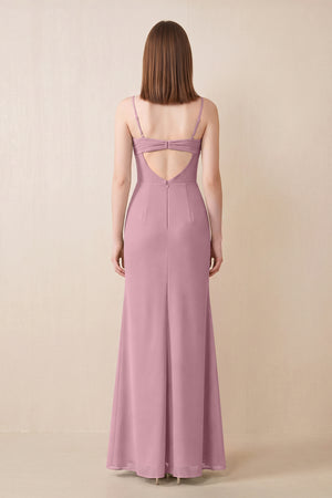 Cami Strap Chiffon Sheath Bridesmaid Dress with Slit in Vintage Mauve (2) | KISSBRIDAL