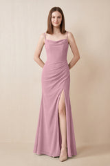 Cami Strap Chiffon Sheath Bridesmaid Dress with Slit in Vintage Mauve | KISSBRIDAL