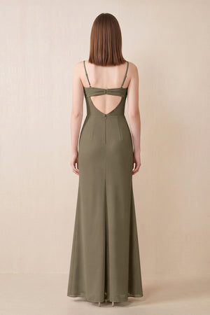 Cami Strap Chiffon Sheath Bridesmaid Dress with Slit in Willow Green (2) | KISSBRIDAL