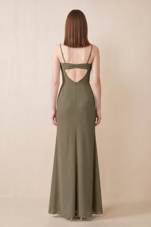 Cami Strap Chiffon Sheath Bridesmaid Dress with Slit in Willow Green (2) | KISSBRIDAL
