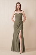 Cami Strap Chiffon Sheath Bridesmaid Dress with Slit in Willow Green | KISSBRIDAL