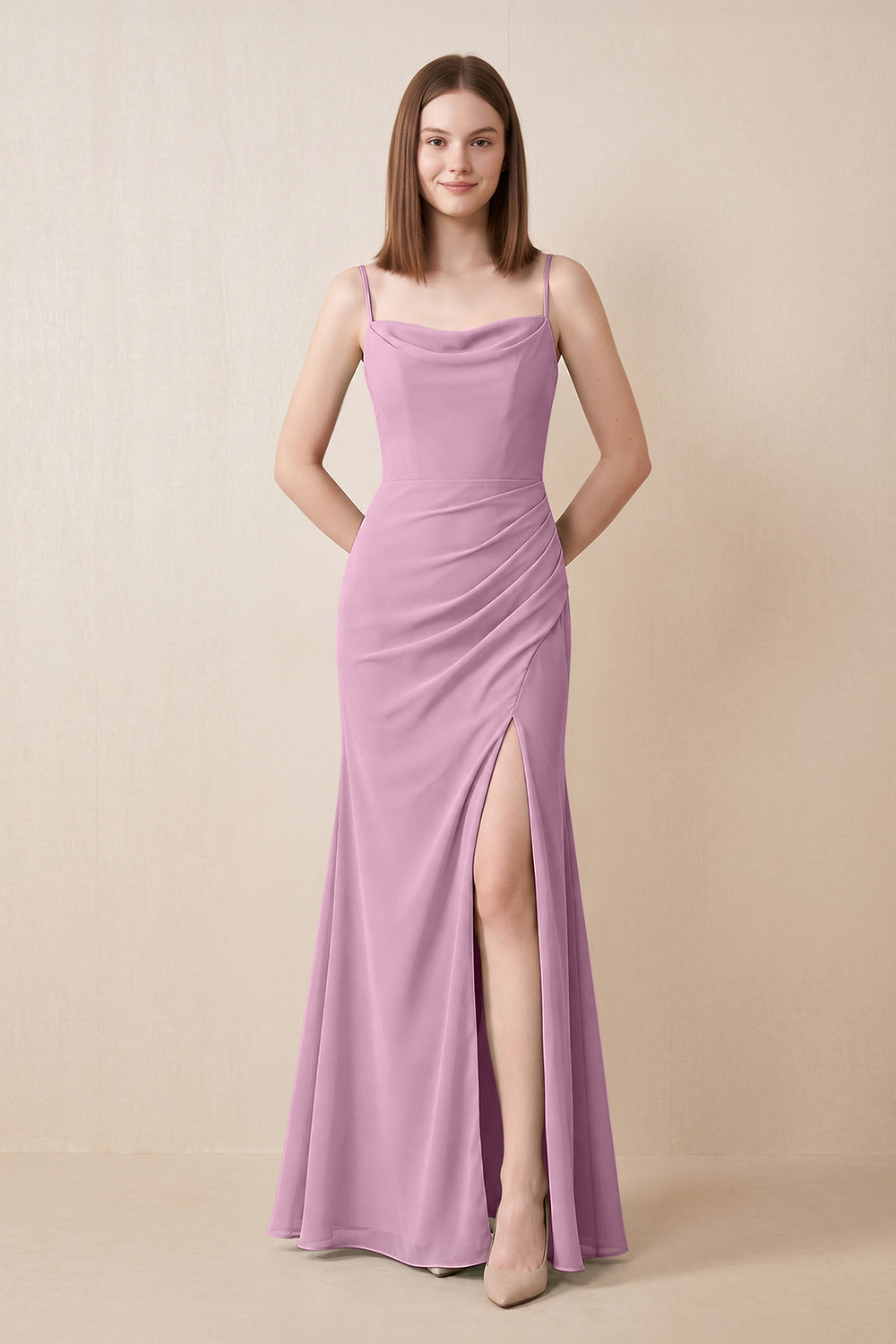 Cami Strap Chiffon Sheath Bridesmaid Dress with Slit in Wisteria