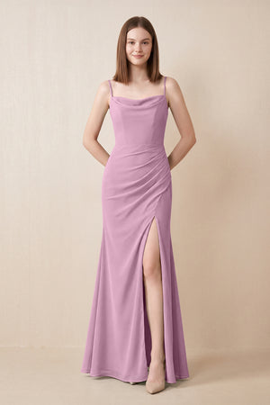 Cami Strap Chiffon Sheath Bridesmaid Dress with Slit in Wisteria | KISSBRIDAL