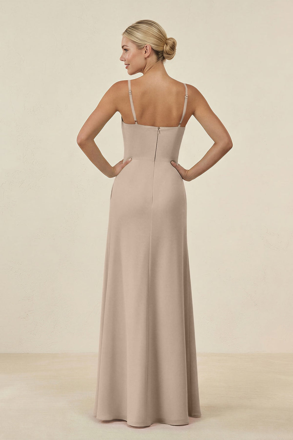 Cami Strap Chiffon Sheath Bridesmaid Gown in Almond - KISS BRIDAL BRIDESMAID DRESSES