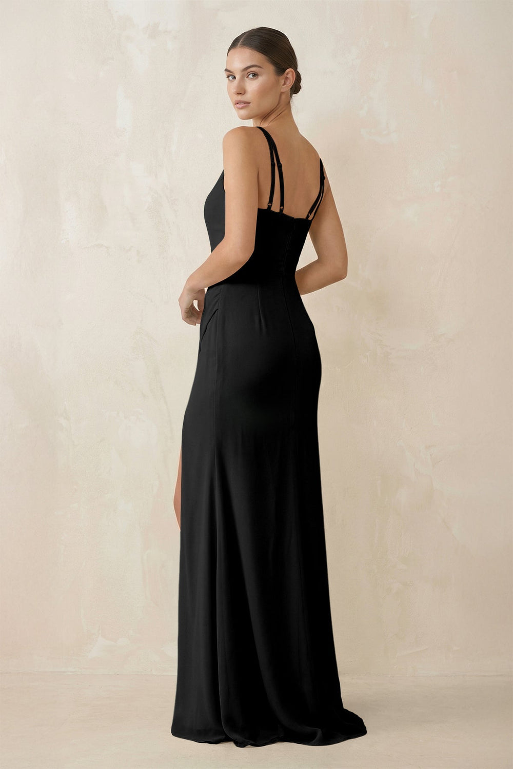 Cami Strap Chiffon Sheath Bridesmaid Gown in Black - KISS BRIDAL Bridesmaid Dresses