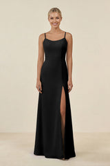 Cami Strap Chiffon Sheath Bridesmaid Gown in Black - KISS BRIDAL BRIDESMAID DRESSES