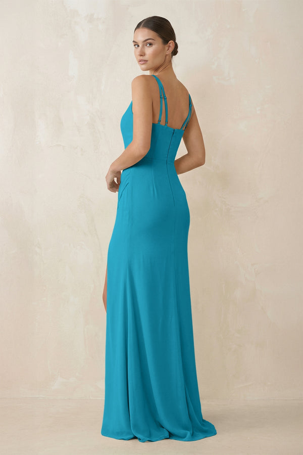 Cami Strap Chiffon Sheath Bridesmaid Gown in Blue Jay - KISS BRIDAL Bridesmaid Dresses