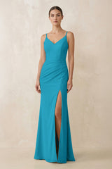 Cami Strap Chiffon Sheath Bridesmaid Gown in Blue Jay - KISS BRIDAL Bridesmaid Dresses