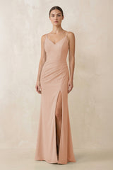 Cami Strap Chiffon Sheath Bridesmaid Gown in Champagne Rose - KISS BRIDAL Bridesmaid Dresses
