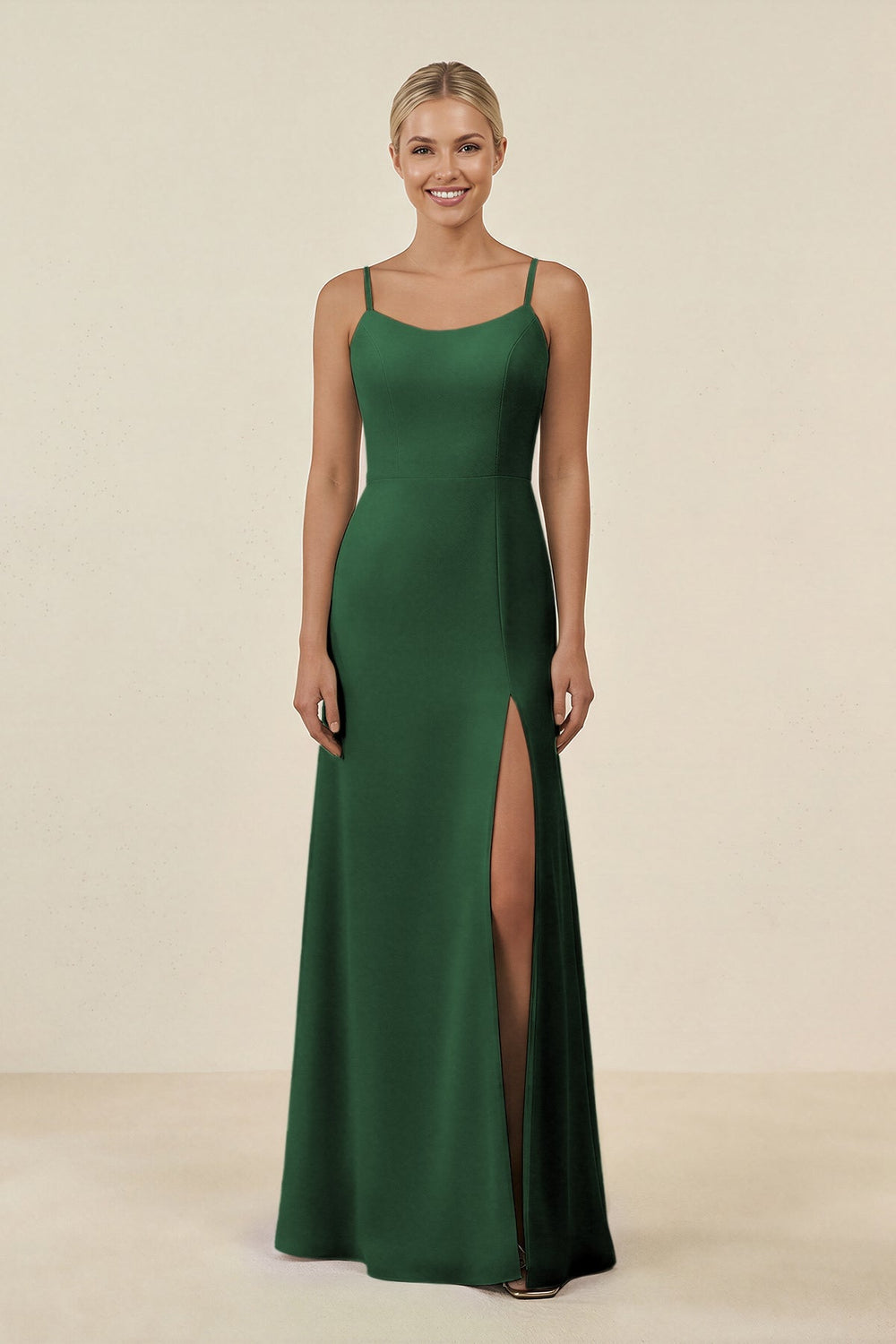 Cami Strap Chiffon Sheath Bridesmaid Gown in Dark Green - KISS BRIDAL BRIDESMAID DRESSES
