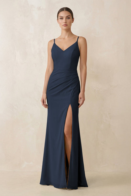 Cami Strap Chiffon Sheath Bridesmaid Gown in Dark Navy - KISS BRIDAL Bridesmaid Dresses