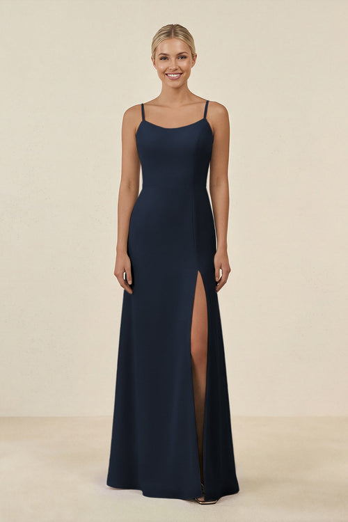 Cami Strap Chiffon Sheath Bridesmaid Gown in Dark Navy - SHE IS ME BRIDESMAID DRESSES