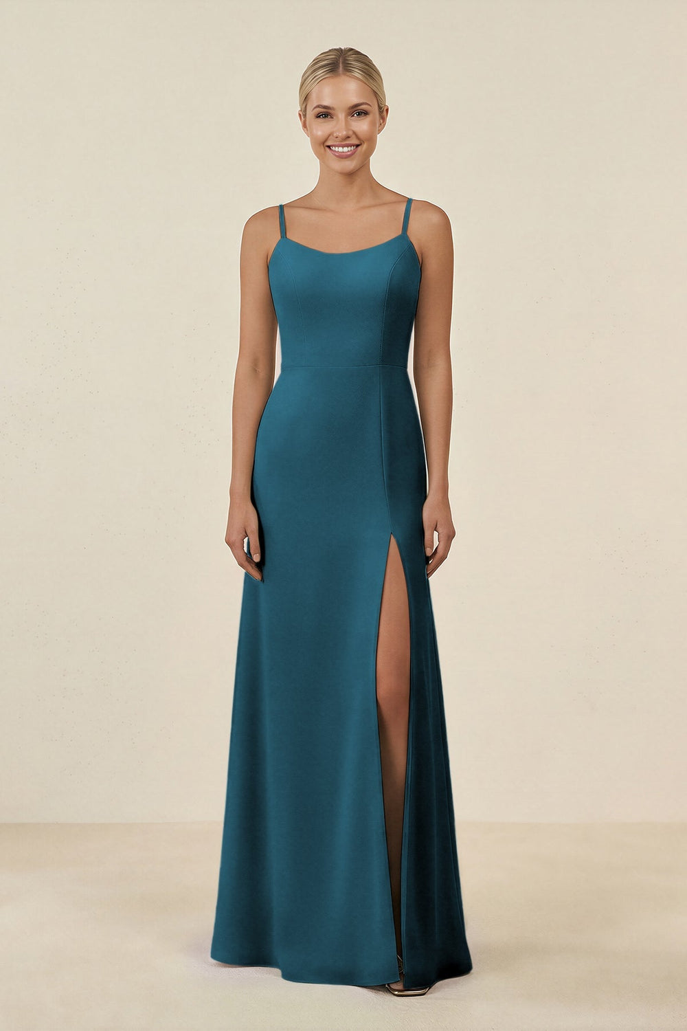 Cami Strap Chiffon Sheath Bridesmaid Gown in Dark Teal - KISS BRIDAL BRIDESMAID DRESSES