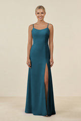 Cami Strap Chiffon Sheath Bridesmaid Gown in Dark Teal - KISS BRIDAL BRIDESMAID DRESSES