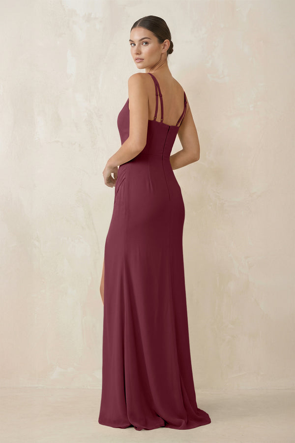Cami Strap Chiffon Sheath Bridesmaid Gown in Desert Rose (2) | KISSBRIDAL