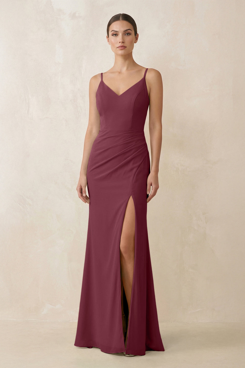 Cami Strap Chiffon Sheath Bridesmaid Gown in Desert Rose