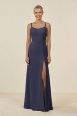 Cami Strap Chiffon Sheath Bridesmaid Gown in Dusk Blue - KISS BRIDAL BRIDESMAID DRESSES