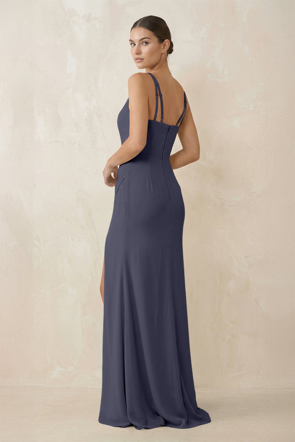 Cami Strap Chiffon Sheath Bridesmaid Gown in Dusk Blue - KISS BRIDAL Bridesmaid Dresses