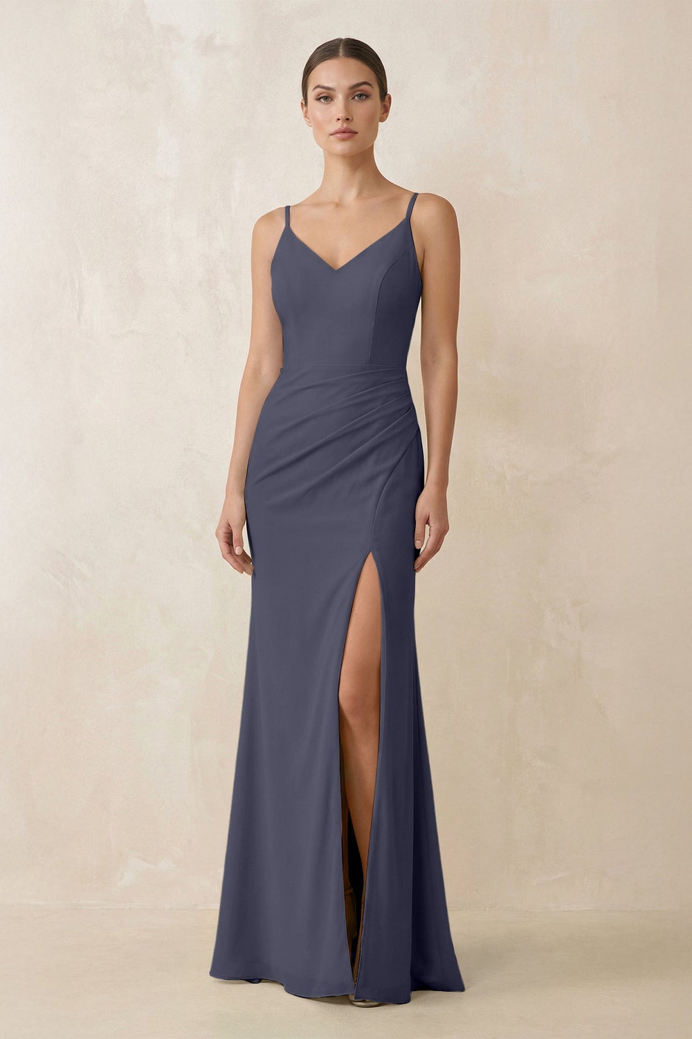 Cami Strap Chiffon Sheath Bridesmaid Gown in Dusk Blue - KISS BRIDAL Bridesmaid Dresses