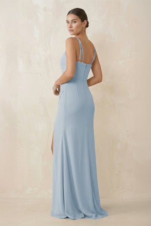 Cami Strap Chiffon Sheath Bridesmaid Gown in Dusty Blue - SHE IS ME Bridesmaid Dresses