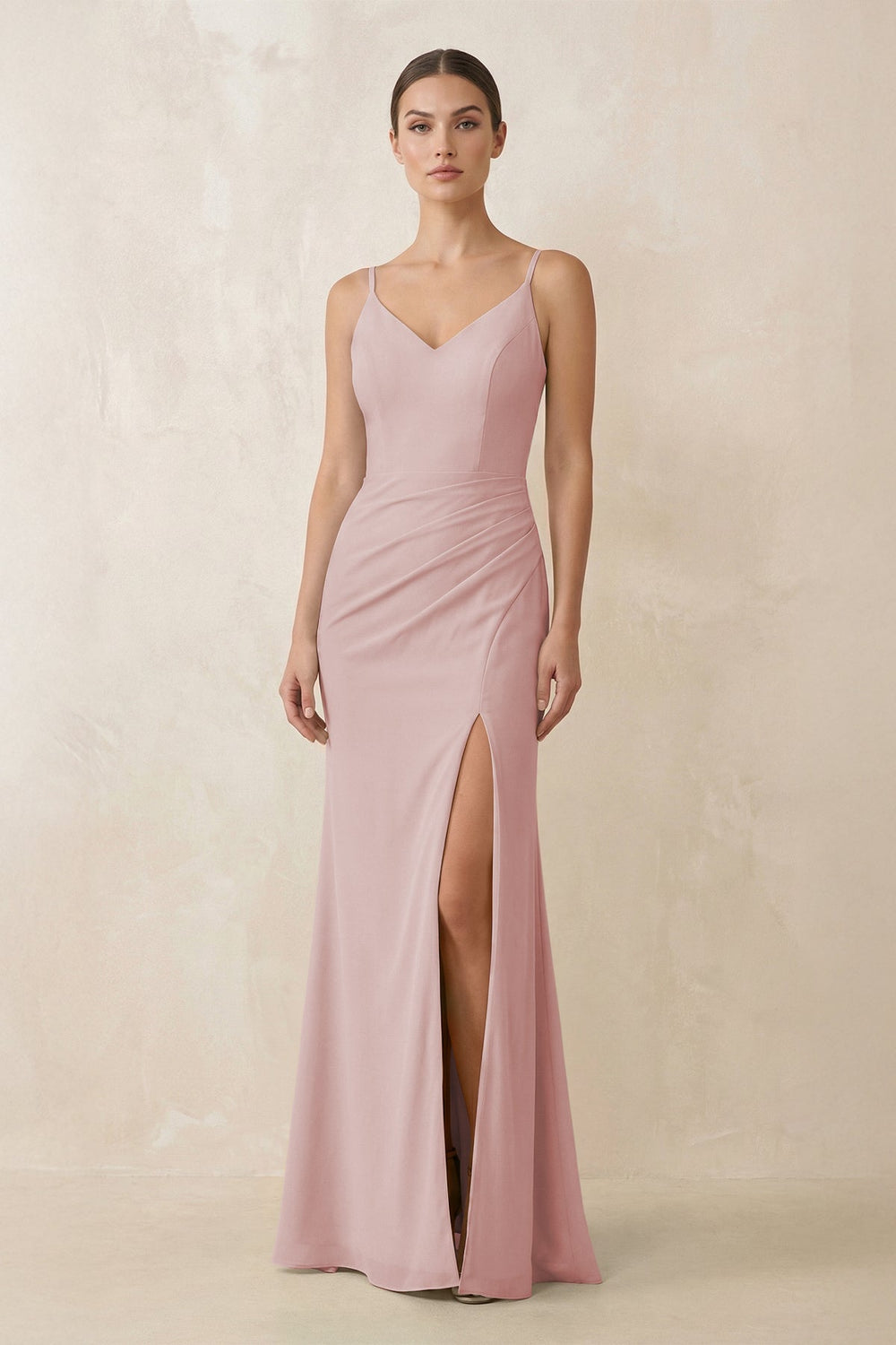 Cami Strap Chiffon Sheath Bridesmaid Gown in Dusty Rose - SHE IS ME Bridesmaid Dresses