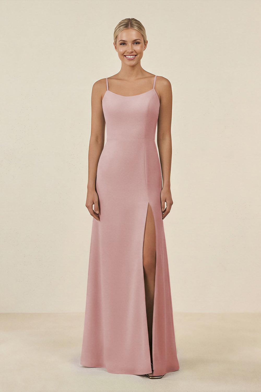 Cami Strap Chiffon Sheath Bridesmaid Gown in Dusty Rose - KISS BRIDAL BRIDESMAID DRESSES