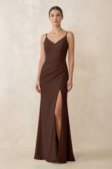 Cami Strap Chiffon Sheath Bridesmaid Gown in Espresso - KISS BRIDAL Bridesmaid Dresses