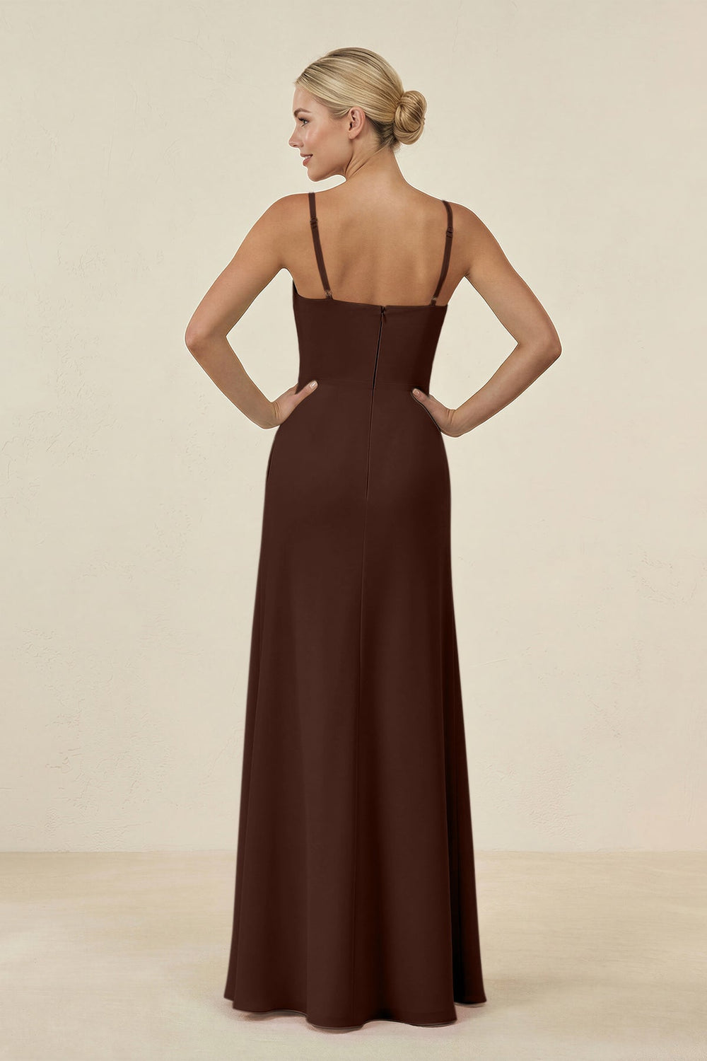 Cami Strap Chiffon Sheath Bridesmaid Gown in Espresso - KISS BRIDAL BRIDESMAID DRESSES